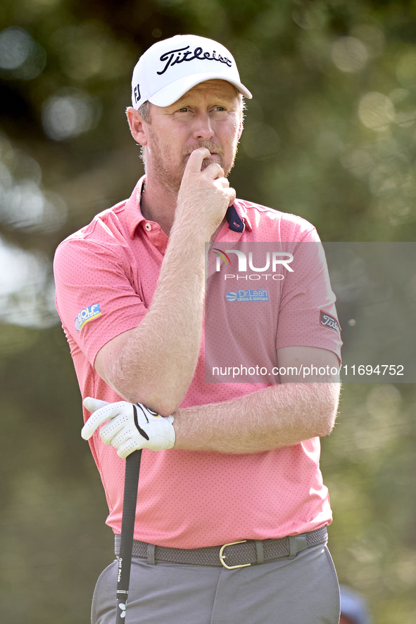 Justin Harding of South Africa reacts on the 5th hole on the fourth day of the Estrella Damm N.A. Andalucia Masters 2024 at Real Club de Gol...