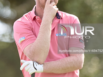 Justin Harding of South Africa reacts on the 5th hole on the fourth day of the Estrella Damm N.A. Andalucia Masters 2024 at Real Club de Gol...