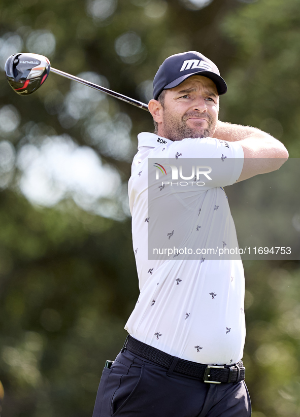 Marcel Schneider of Germany tees off on the 5th hole on the fourth day of the Estrella Damm N.A. Andalucia Masters 2024 at Real Club de Golf...