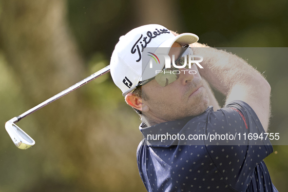 Julien Guerrier of France tees off on the 5th hole during day four of the Estrella Damm N.A. Andalucia Masters 2024 at Real Club de Golf Sot...