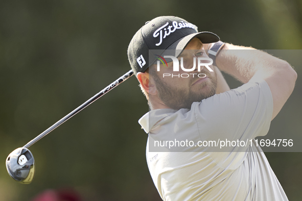 Jordan Smith of England tees off on the 5th hole on the fourth day of the Estrella Damm N.A. Andalucia Masters 2024 at Real Club de Golf Sot...