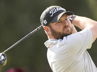 Jordan Smith of England tees off on the 5th hole on the fourth day of the Estrella Damm N.A. Andalucia Masters 2024 at Real Club de Golf Sot...