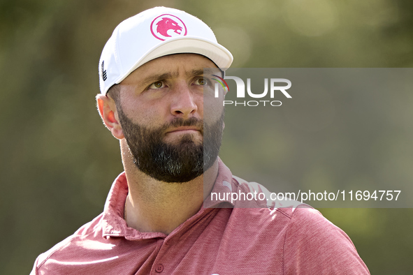 Jon Rahm of Spain looks on at the 5th hole on the fourth day of the Estrella Damm N.A. Andalucia Masters 2024 at Real Club de Golf Sotogrand...