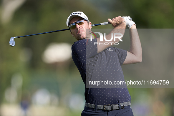 Julien Guerrier of France plays his second shot on the 2nd hole during day four of the Estrella Damm N.A. Andalucia Masters 2024 at Real Clu...