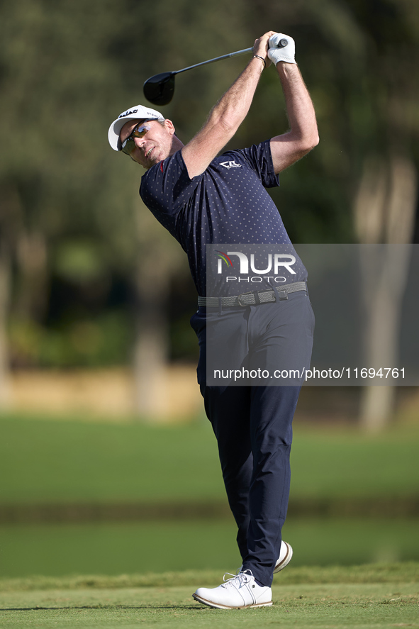 Julien Guerrier of France tees off on the 2nd hole during day four of the Estrella Damm N.A. Andalucia Masters 2024 at Real Club de Golf Sot...