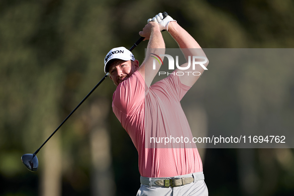 Jacques Kruyswijk of South Africa tees off on the 2nd hole during day four of the Estrella Damm N.A. Andalucia Masters 2024 at Real Club de...