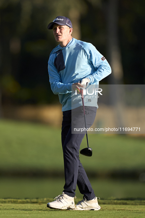 Marcus Kinhult of Sweden tees off on the 2nd hole on the fourth day of the Estrella Damm N.A. Andalucia Masters 2024 at Real Club de Golf So...