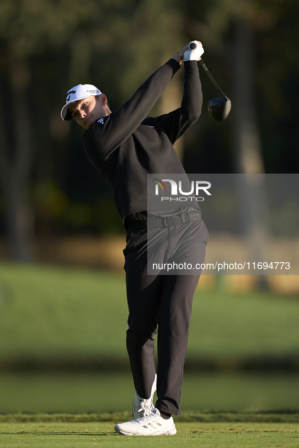 Nicolai Hojgaard of Denmark tees off on the 2nd hole during day four of the Estrella Damm N.A. Andalucia Masters 2024 at Real Club de Golf S...