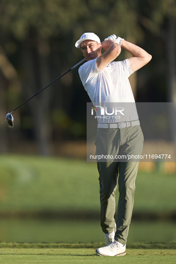 Ross Fisher of England tees off on the 2nd hole during day four of the Estrella Damm N.A. Andalucia Masters 2024 at Real Club de Golf Sotogr...