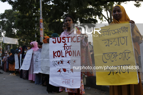 Women take part in a protest against the torture of a domestic worker as they demand justice for assaults on women in Dhaka, Bangladesh, on...