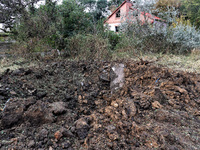 A crater is in the ground after the October 18 Russian missile strike in Odesa, Ukraine, on October 19, 2024. NO USE RUSSIA. NO USE BELARUS....