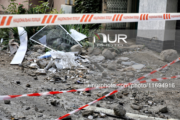 Rubble covers the ground after the October 18 Russian missile strike in Odesa, Ukraine, on October 19, 2024. NO USE RUSSIA. NO USE BELARUS. 