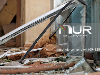 Smashed windowpanes are seen after the October 18 Russian missile strike in Odesa, Ukraine, on October 19, 2024. (