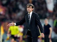 Simone Inzaghi head coach of FC Internazionale looks on during the Serie A Enilive match between AS Roma and FC Internazionale at Stadio Oli...