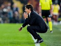 Simone Inzaghi head coach of FC Internazionale yells during the Serie A Enilive match between AS Roma and FC Internazionale at Stadio Olimpi...