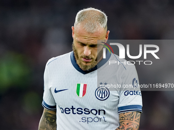 Federico Dimarco of FC Internazionale looks dejected during the Serie A Enilive match between AS Roma and FC Internazionale at Stadio Olimpi...