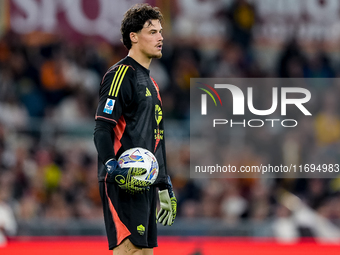 Mile Svilar of AS Roma looks on during the Serie A Enilive match between AS Roma and FC Internazionale at Stadio Olimpico on October 20, 202...