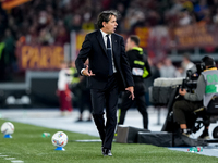 Simone Inzaghi head coach of FC Internazionale yells during the Serie A Enilive match between AS Roma and FC Internazionale at Stadio Olimpi...