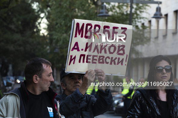 Protesters in front of the Ministry of the Interior in Sofia, Bulgaria, on October 22, 2024, demand the resignation of acting Minister of th...