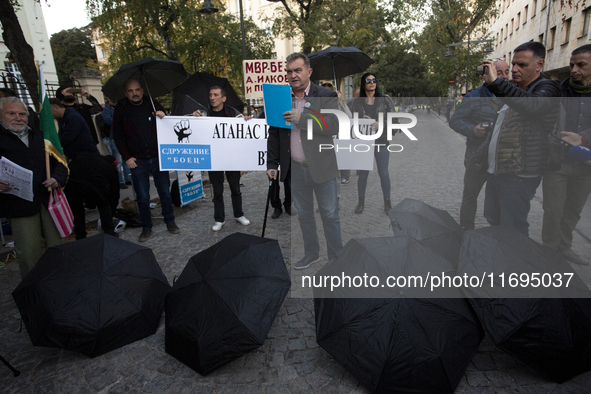 Protesters in front of the Ministry of the Interior in Sofia, Bulgaria, on October 22, 2024, demand the resignation of acting Minister of th...