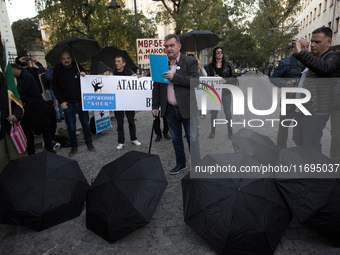 Protesters in front of the Ministry of the Interior in Sofia, Bulgaria, on October 22, 2024, demand the resignation of acting Minister of th...