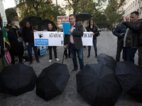 Protesters in front of the Ministry of the Interior in Sofia, Bulgaria, on October 22, 2024, demand the resignation of acting Minister of th...