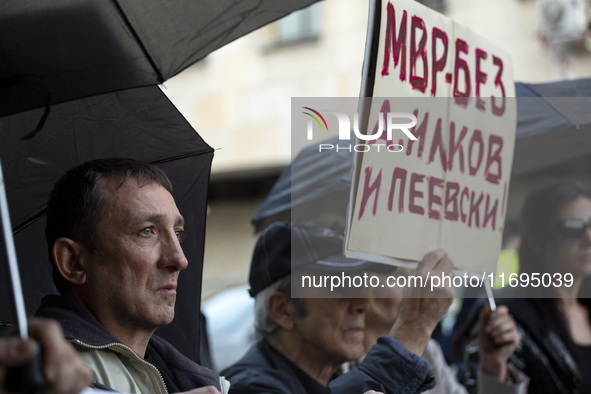 Protesters in front of the Ministry of the Interior in Sofia, Bulgaria, on October 22, 2024, demand the resignation of acting Minister of th...