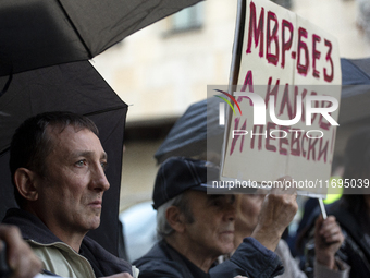 Protesters in front of the Ministry of the Interior in Sofia, Bulgaria, on October 22, 2024, demand the resignation of acting Minister of th...