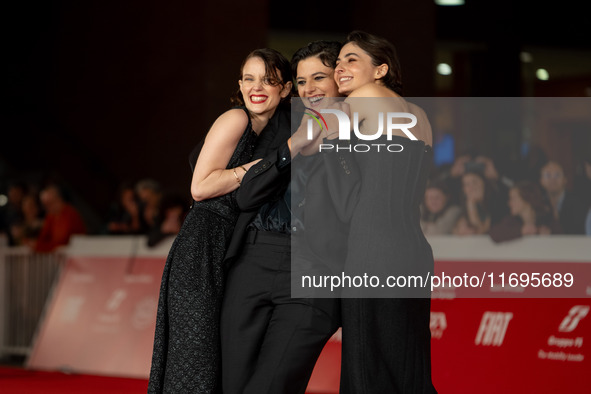 Tecla Insolia, Sara Petraglia, and Carlotta Gamba attend the ''L'Albero'' red carpet during the 19th Rome Film Festival at Auditorium Parco...