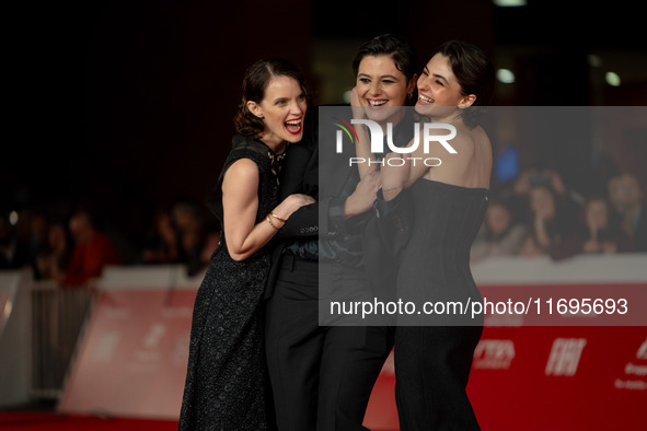 Tecla Insolia, Sara Petraglia, and Carlotta Gamba attend the ''L'Albero'' red carpet during the 19th Rome Film Festival at Auditorium Parco...