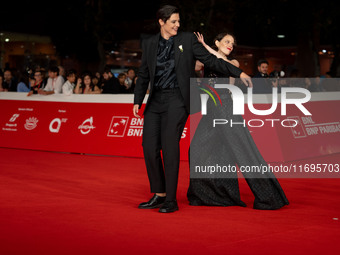 Sara Petraglia and Carlotta Gamba attend the ''L'Albero'' red carpet during the 19th Rome Film Festival at Auditorium Parco Della Musica in...