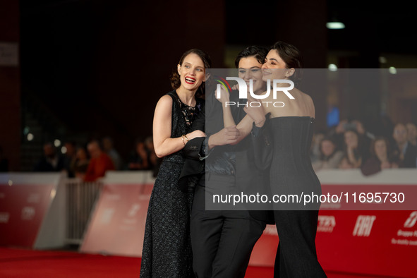 Tecla Insolia, Sara Petraglia, and Carlotta Gamba attend the ''L'Albero'' red carpet during the 19th Rome Film Festival at Auditorium Parco...