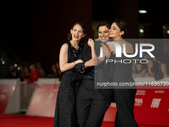 Tecla Insolia, Sara Petraglia, and Carlotta Gamba attend the ''L'Albero'' red carpet during the 19th Rome Film Festival at Auditorium Parco...