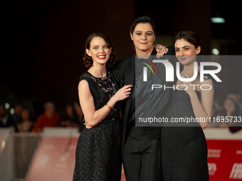 Tecla Insolia, Sara Petraglia, and Carlotta Gamba attend the ''L'Albero'' red carpet during the 19th Rome Film Festival at Auditorium Parco...