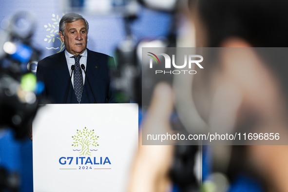 Italian Foreign Minister Antonio Tajani speaks at the final press conference of the day during the Group of Seven (G7) Development Ministers...