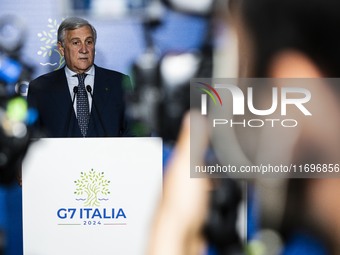 Italian Foreign Minister Antonio Tajani speaks at the final press conference of the day during the Group of Seven (G7) Development Ministers...