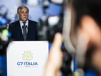 Italian Foreign Minister Antonio Tajani speaks at the final press conference of the day during the Group of Seven (G7) Development Ministers...