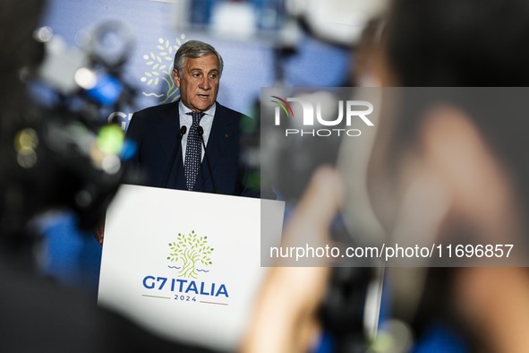 Italian Foreign Minister Antonio Tajani speaks at the final press conference of the day during the Group of Seven (G7) Development Ministers...