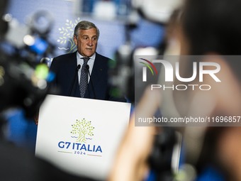 Italian Foreign Minister Antonio Tajani speaks at the final press conference of the day during the Group of Seven (G7) Development Ministers...