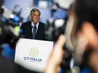 Italian Foreign Minister Antonio Tajani speaks at the final press conference of the day during the Group of Seven (G7) Development Ministers...