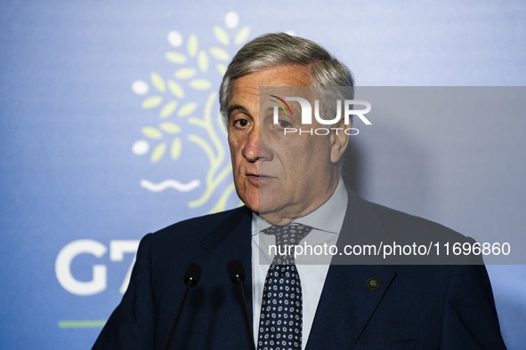 Italian Foreign Minister Antonio Tajani speaks at the final press conference of the day during the Group of Seven (G7) Development Ministers...