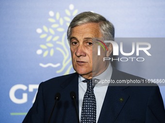 Italian Foreign Minister Antonio Tajani speaks at the final press conference of the day during the Group of Seven (G7) Development Ministers...