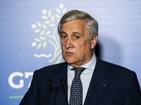 Italian Foreign Minister Antonio Tajani speaks at the final press conference of the day during the Group of Seven (G7) Development Ministers...