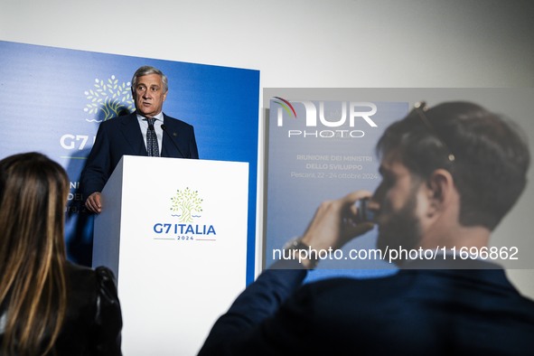 Italian Foreign Minister Antonio Tajani speaks at the final press conference of the day during the Group of Seven (G7) Development Ministers...