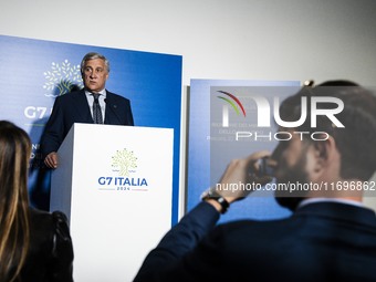 Italian Foreign Minister Antonio Tajani speaks at the final press conference of the day during the Group of Seven (G7) Development Ministers...