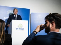 Italian Foreign Minister Antonio Tajani speaks at the final press conference of the day during the Group of Seven (G7) Development Ministers...