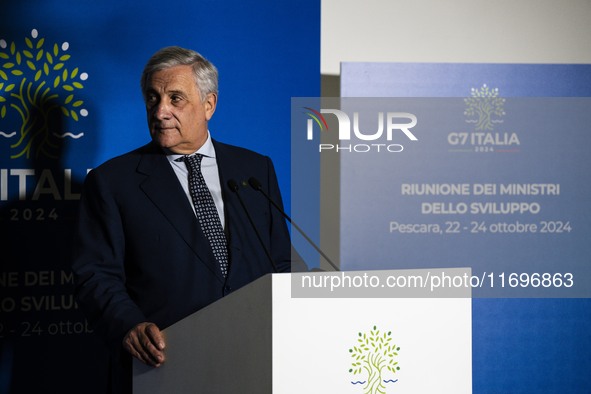 Italian Foreign Minister Antonio Tajani speaks at the final press conference of the day during the Group of Seven (G7) Development Ministers...