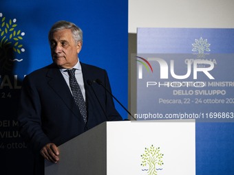 Italian Foreign Minister Antonio Tajani speaks at the final press conference of the day during the Group of Seven (G7) Development Ministers...