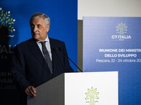 Italian Foreign Minister Antonio Tajani speaks at the final press conference of the day during the Group of Seven (G7) Development Ministers...