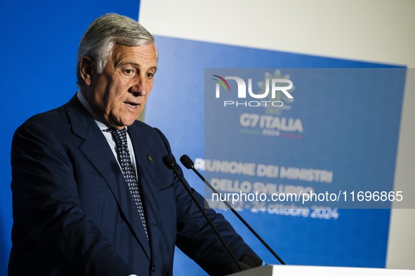 Italian Foreign Minister Antonio Tajani speaks at the final press conference of the day during the Group of Seven (G7) Development Ministers...